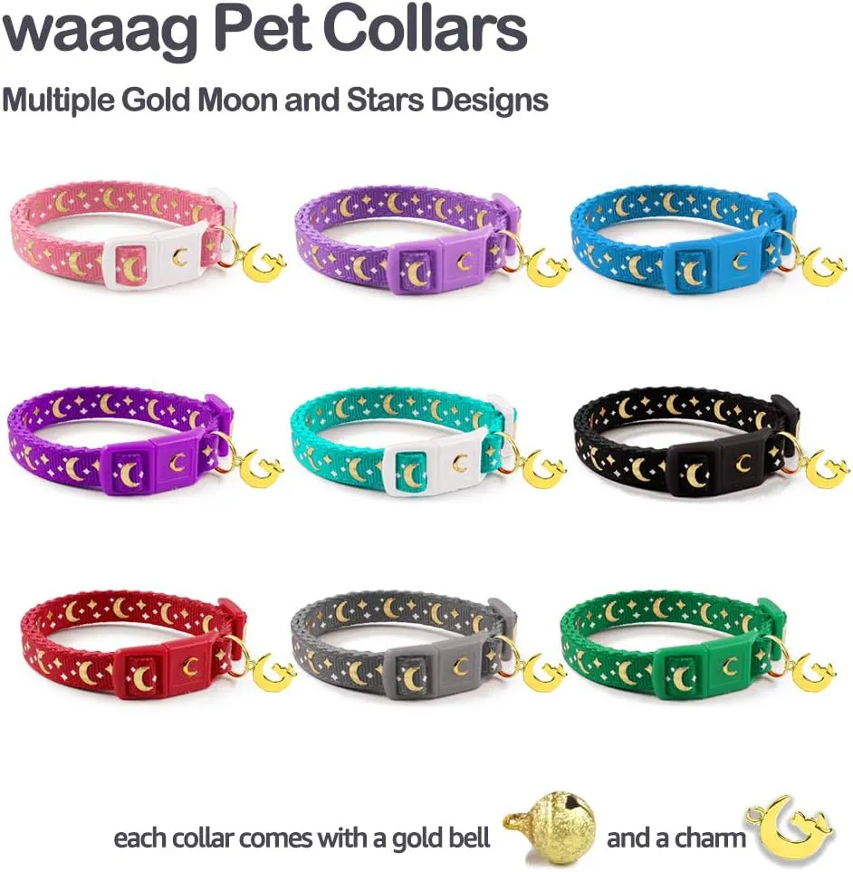 Cat Collars, Gold Moons and Stars Cat Collar, Safety Breakaway Cat Collar, Glow in The Dark (Standard 9"-15" Neck, Aqua)