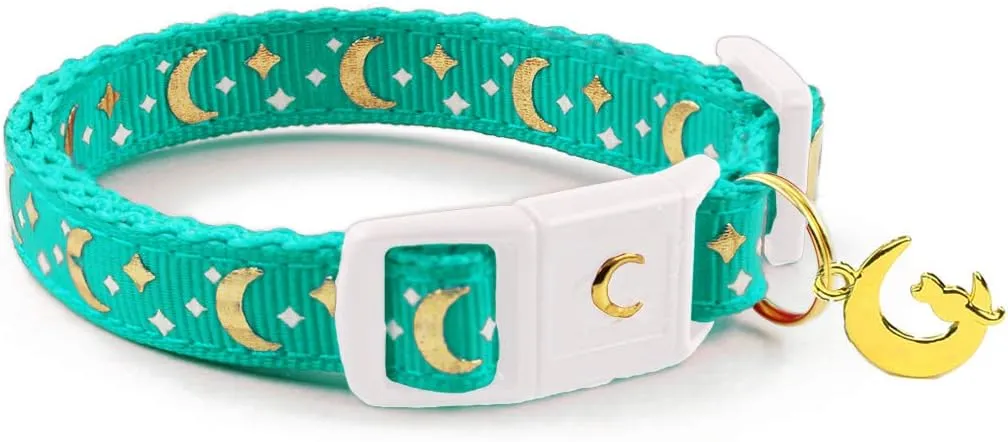 Cat Collars, Gold Moons and Stars Cat Collar, Safety Breakaway Cat Collar, Glow in The Dark (Standard 9"-15" Neck, Aqua)