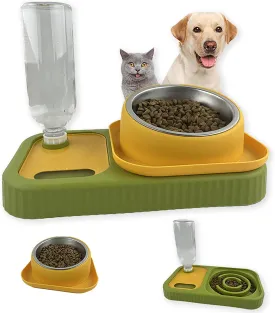 Cat Dog Food and Water Bowl Set, Double Food Bowls with Automatic Gravity Water Bottle, Raised Slow Feeder, Detachable Stainless Steel Bowl, 15Tilt Elevated No Spill Dispenser (Yellow Green)