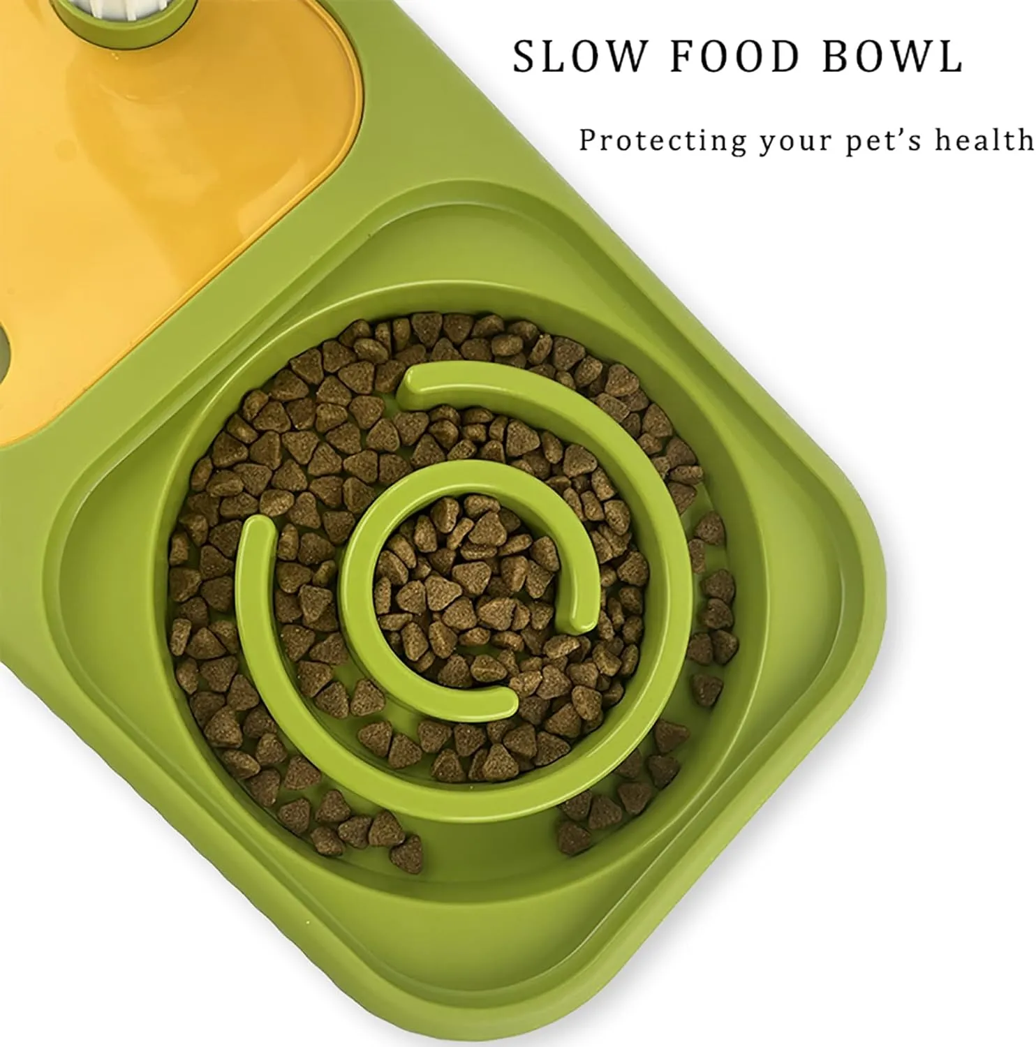 Cat Dog Food and Water Bowl Set, Double Food Bowls with Automatic Gravity Water Bottle, Raised Slow Feeder, Detachable Stainless Steel Bowl, 15Tilt Elevated No Spill Dispenser (Yellow Green)