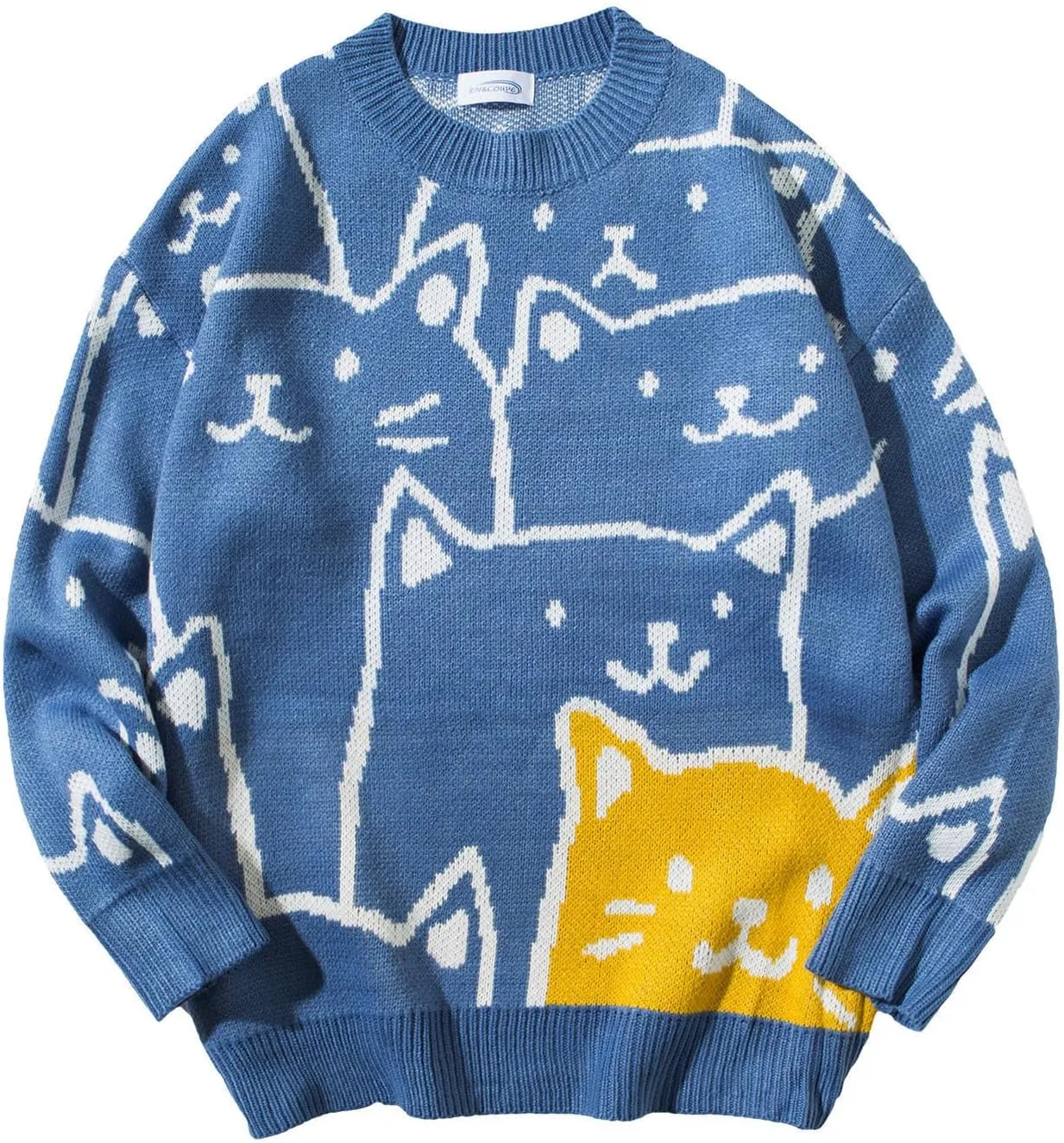 Cat Graphic Men Grandpa Sweater Japanese Gothic Knit Outwear Emo Alt Crew Neck Clothing Cute Y2k Long Sleeve Tops
