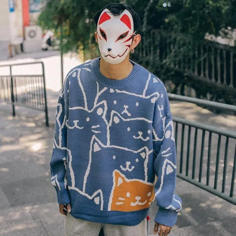 Cat Graphic Men Grandpa Sweater Japanese Gothic Knit Outwear Emo Alt Crew Neck Clothing Cute Y2k Long Sleeve Tops