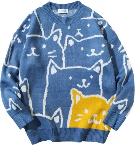 Cat Graphic Men Grandpa Sweater Japanese Gothic Knit Outwear Emo Alt Crew Neck Clothing Cute Y2k Long Sleeve Tops