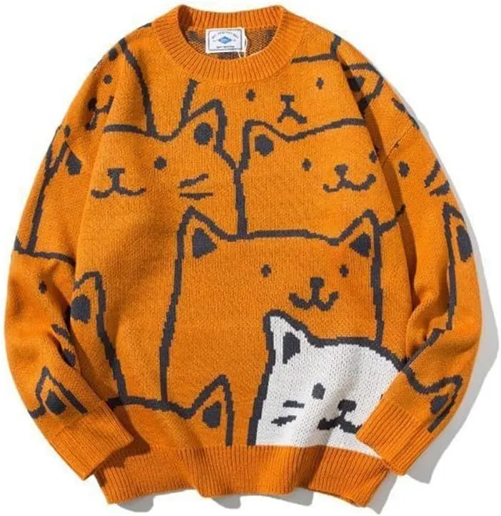 Cat Graphic Men Grandpa Sweater Japanese Gothic Knit Outwear Emo Alt Crew Neck Clothing Cute Y2k Long Sleeve Tops
