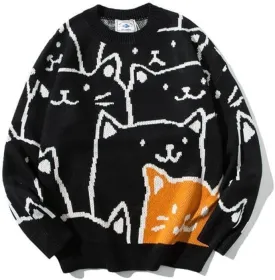 Cat Graphic Men Grandpa Sweater Japanese Gothic Knit Outwear Emo Alt Crew Neck Clothing Cute Y2k Long Sleeve Tops