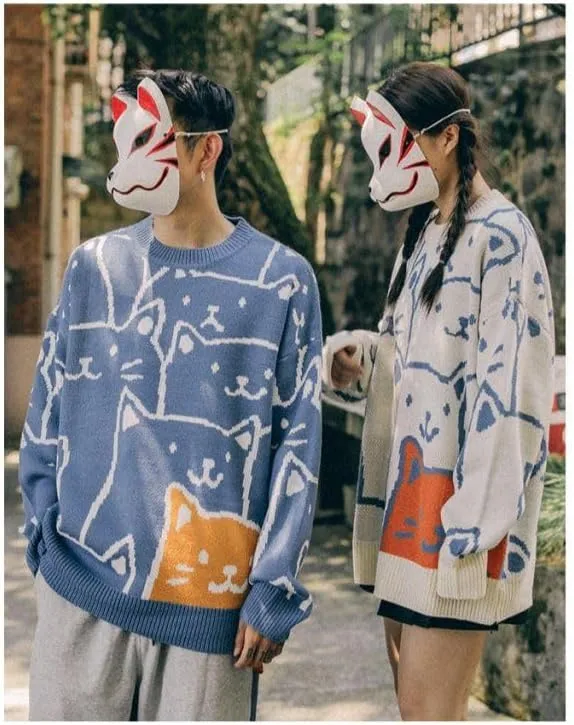 Cat Graphic Men Grandpa Sweater Japanese Gothic Knit Outwear Emo Alt Crew Neck Clothing Cute Y2k Long Sleeve Tops