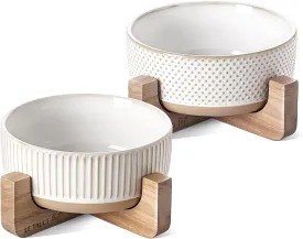Ceramic Dog Bowls for Small & Medium Dogs - 4 Cup Small Dog Food and Water Bowls with Wood Stand, Cute Pet Dishes Set of 2, Lines Dot