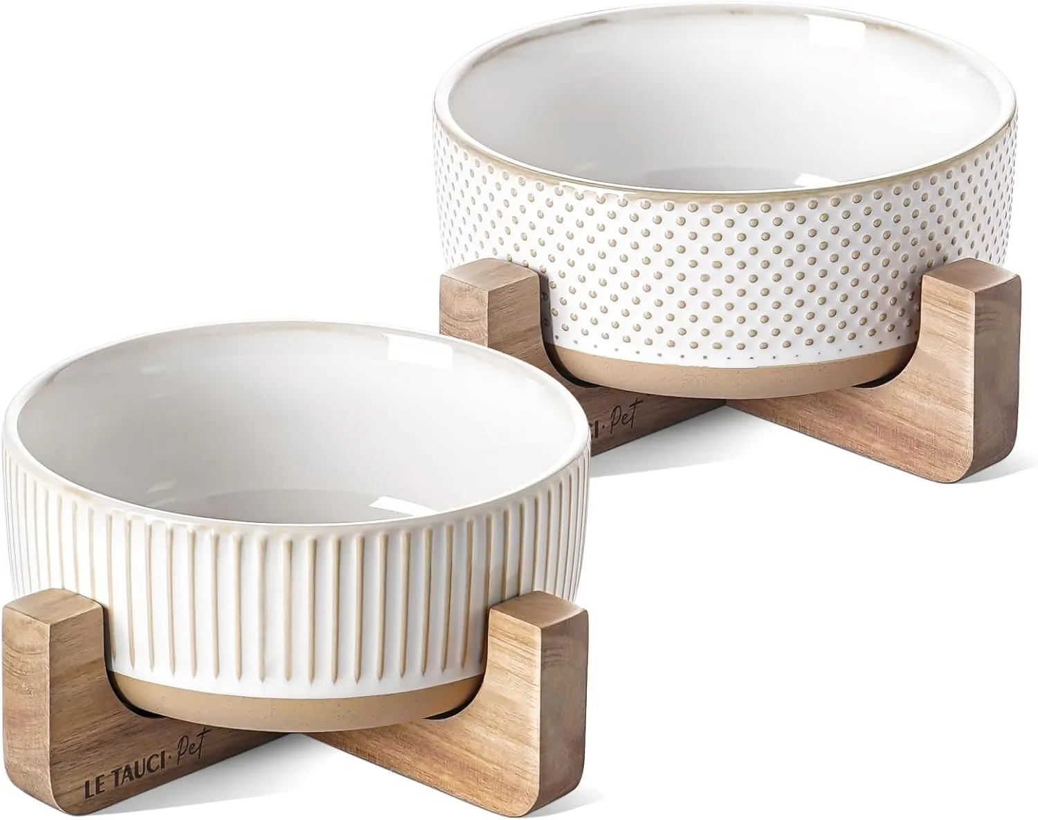 Ceramic Dog Bowls for Small & Medium Dogs - 4 Cup Small Dog Food and Water Bowls with Wood Stand, Cute Pet Dishes Set of 2, Lines Dot
