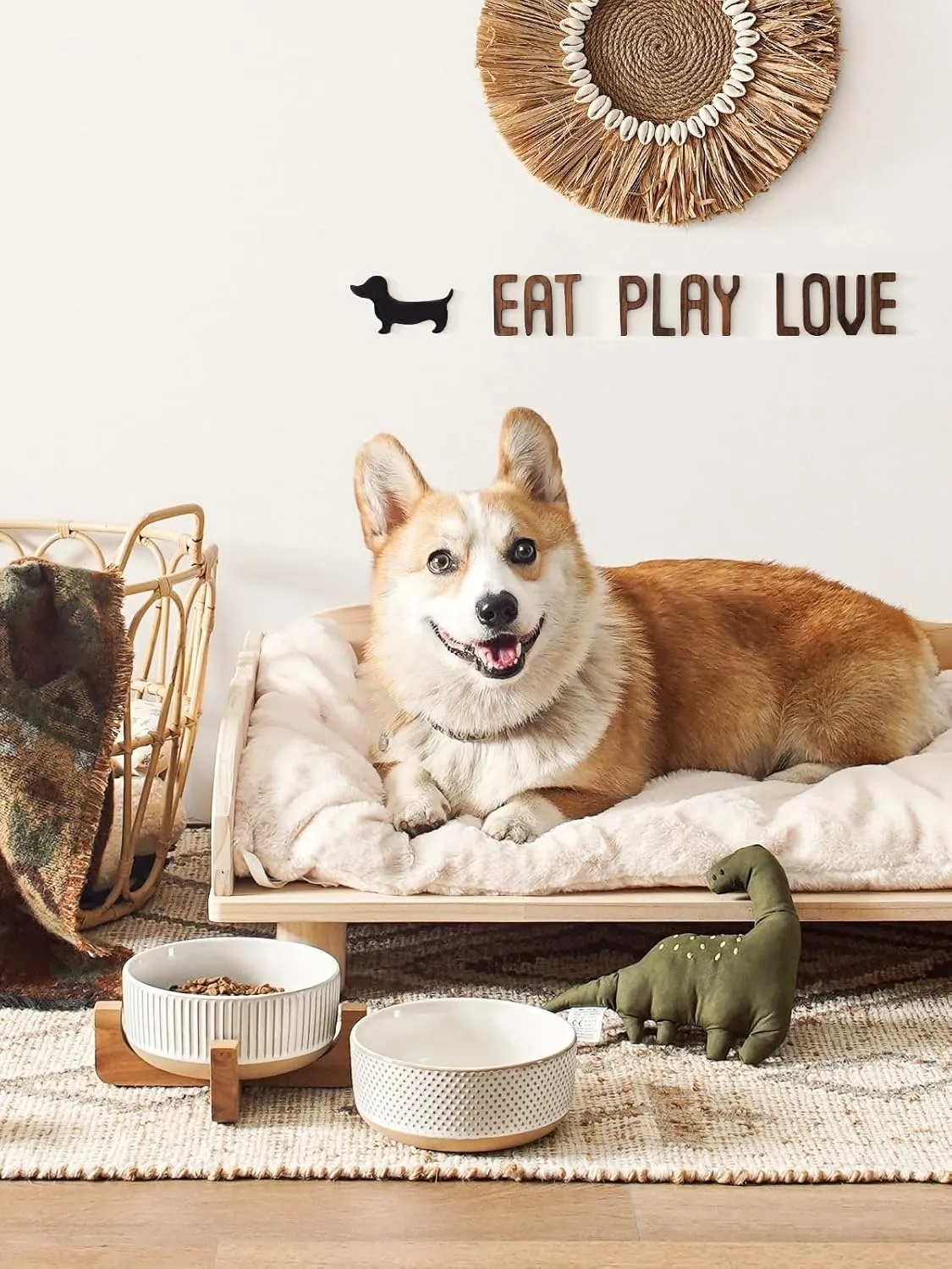 Ceramic Dog Bowls for Small & Medium Dogs - 4 Cup Small Dog Food and Water Bowls with Wood Stand, Cute Pet Dishes Set of 2, Lines Dot