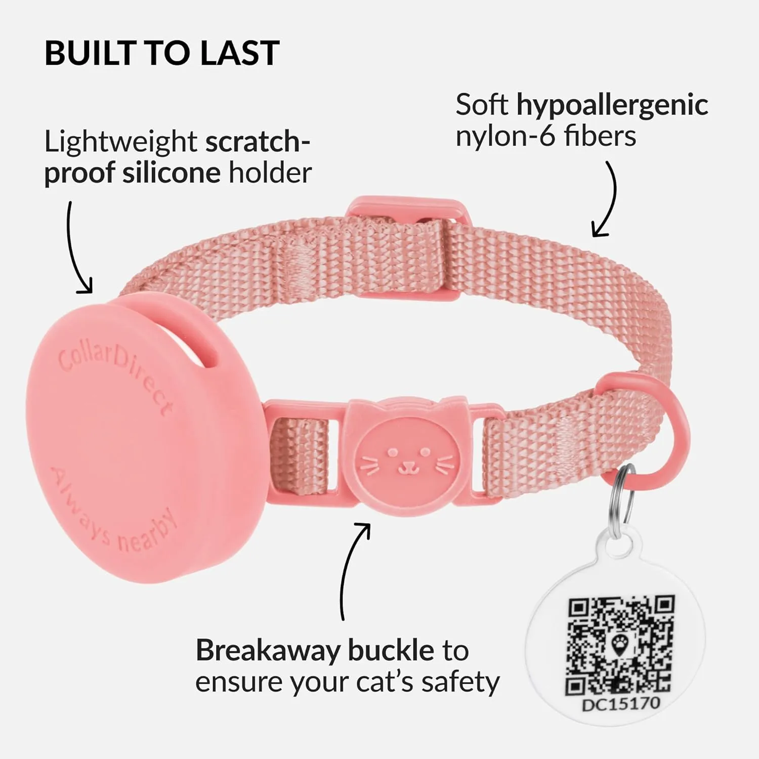 CollarDirect Breakaway Nylon Cat Collar - Airtag Holder with ID Tag for Kitten to Big Cat (Pink, XS)