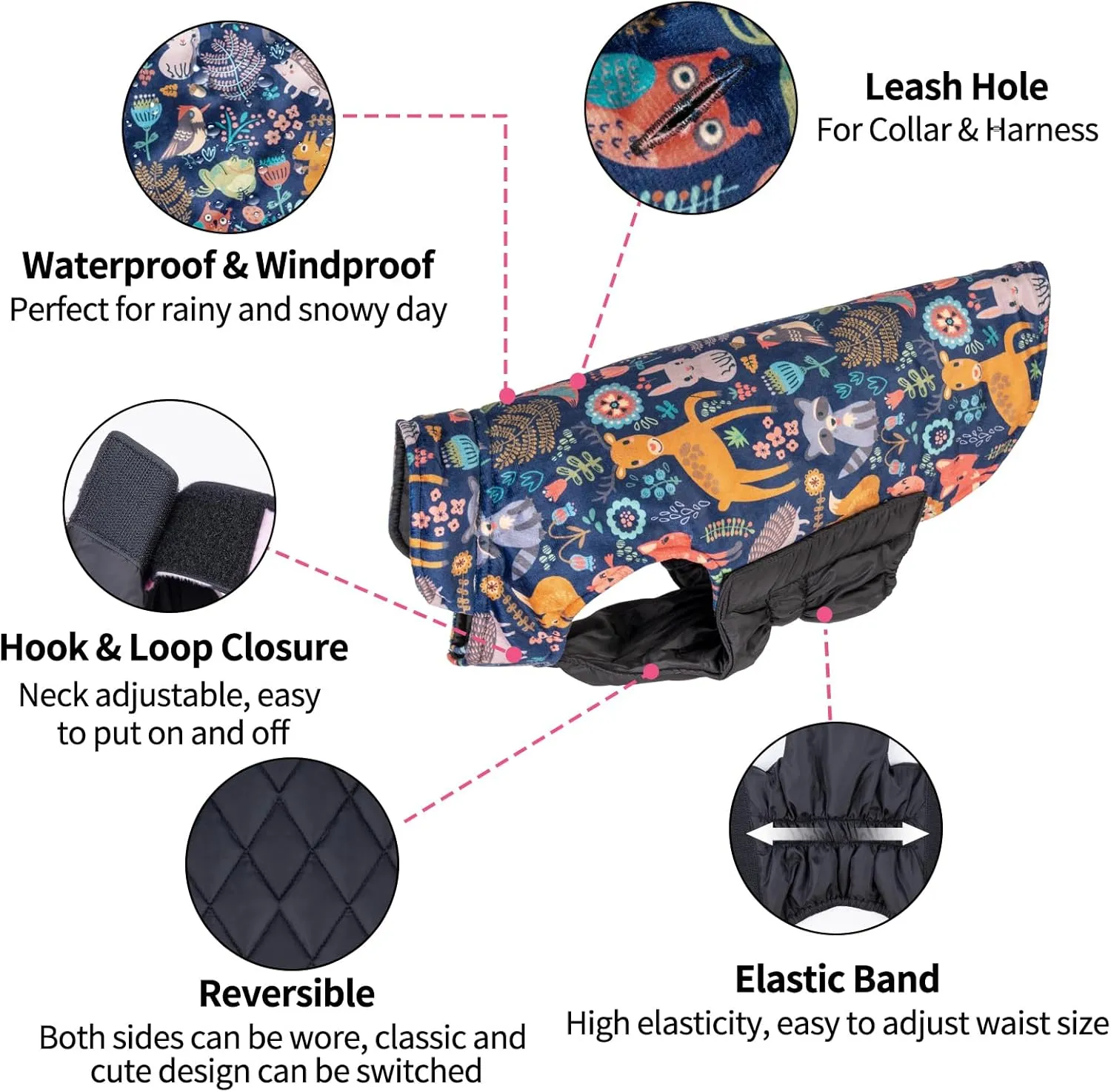 CuteBone Winter Dog Coat - Waterproof Windproof Reversible Jacket - Thick Adjustable Soft Coat with Leash Hole for Small to Large Dogs