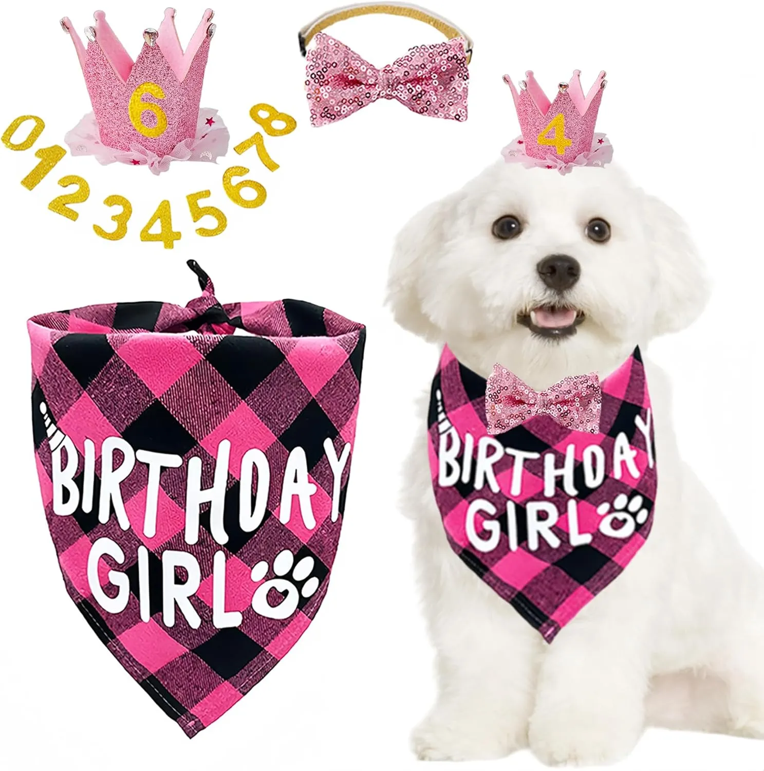 Dog Birthday Party Supplies,Dog Birthday Party Hat Bandana with Numbers Crown Bow Tie for Puppy Cats Birthday Outfit