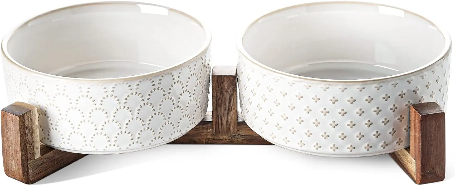 Dog Bowls Ceramic for Small Medium Dogs - 3-Cup Dual Food & Water Bowl Set with Acacia Wood Stand, Non-Slip Anti-Tip Elevated Design