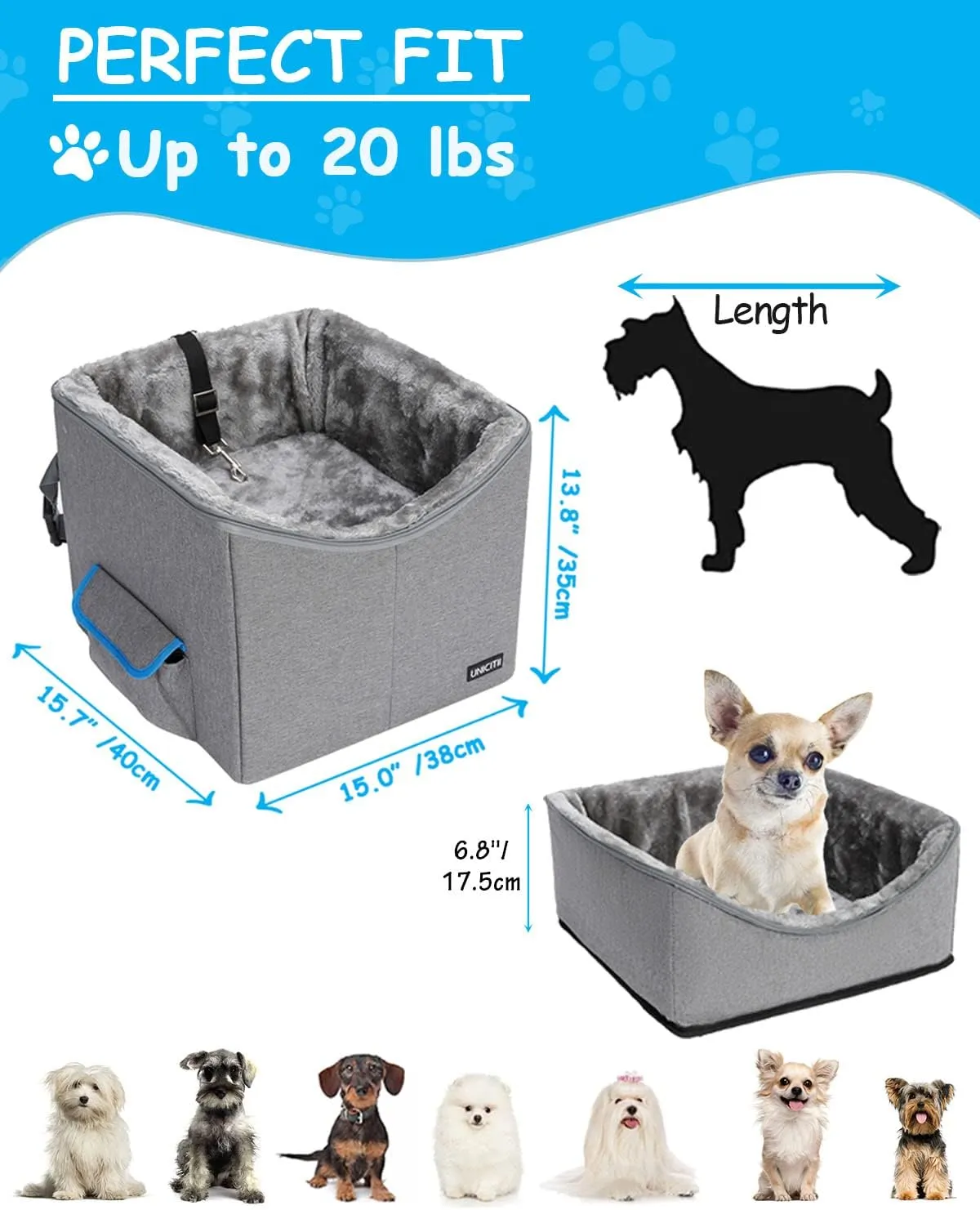 Dog Car Seat for Small Dogs, Elevated Dog Booster Seat Pet Travel Carrier Bed for Car with Adjustable Straps Pet Car Booster Seat for Small Dogs Cats