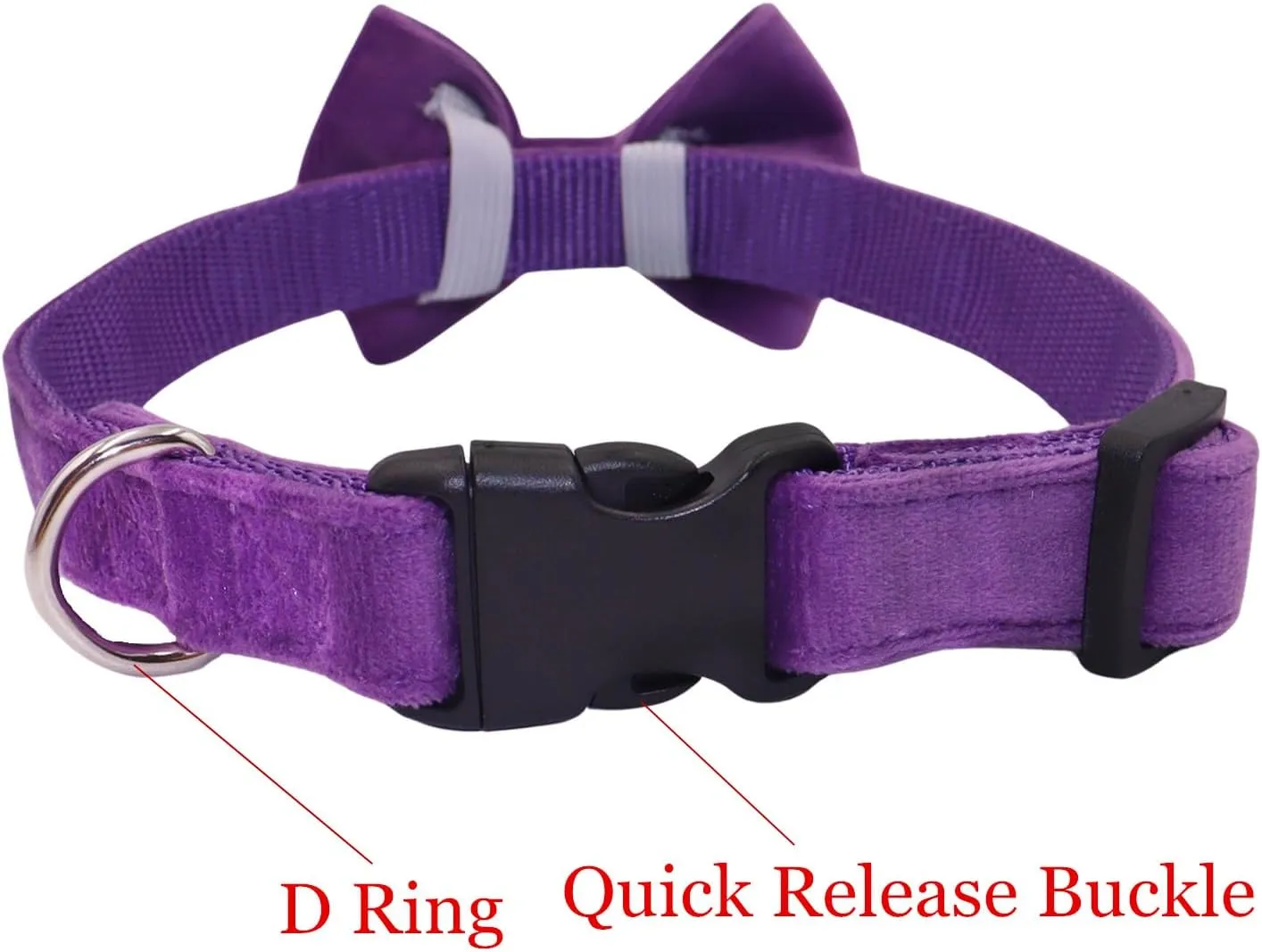 Dog Collar with Bowtie Soft Velvet Material with Quick Release Buckle for Large Dogs (Purple, L)