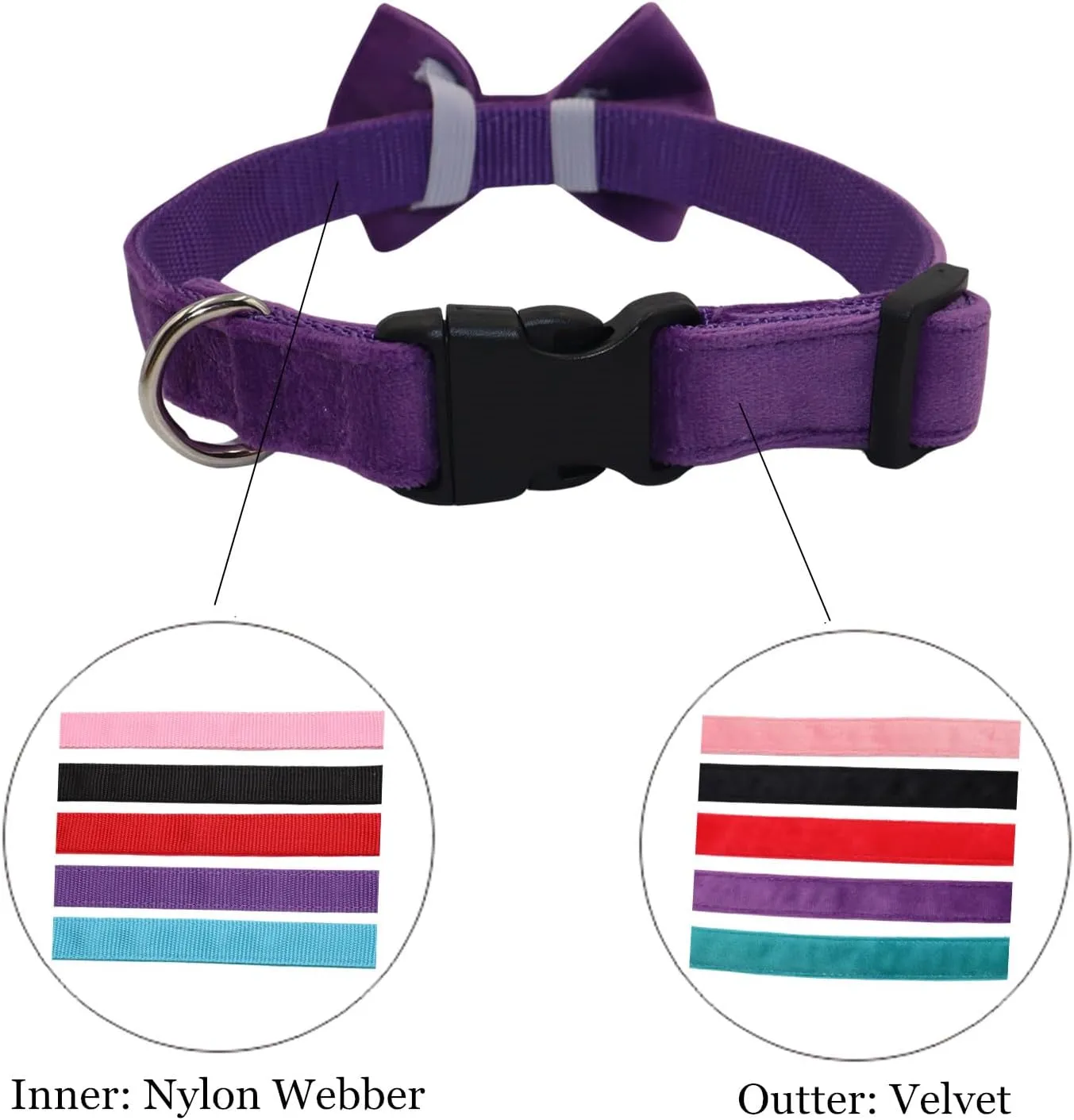 Dog Collar with Bowtie Soft Velvet Material with Quick Release Buckle for Large Dogs (Purple, L)