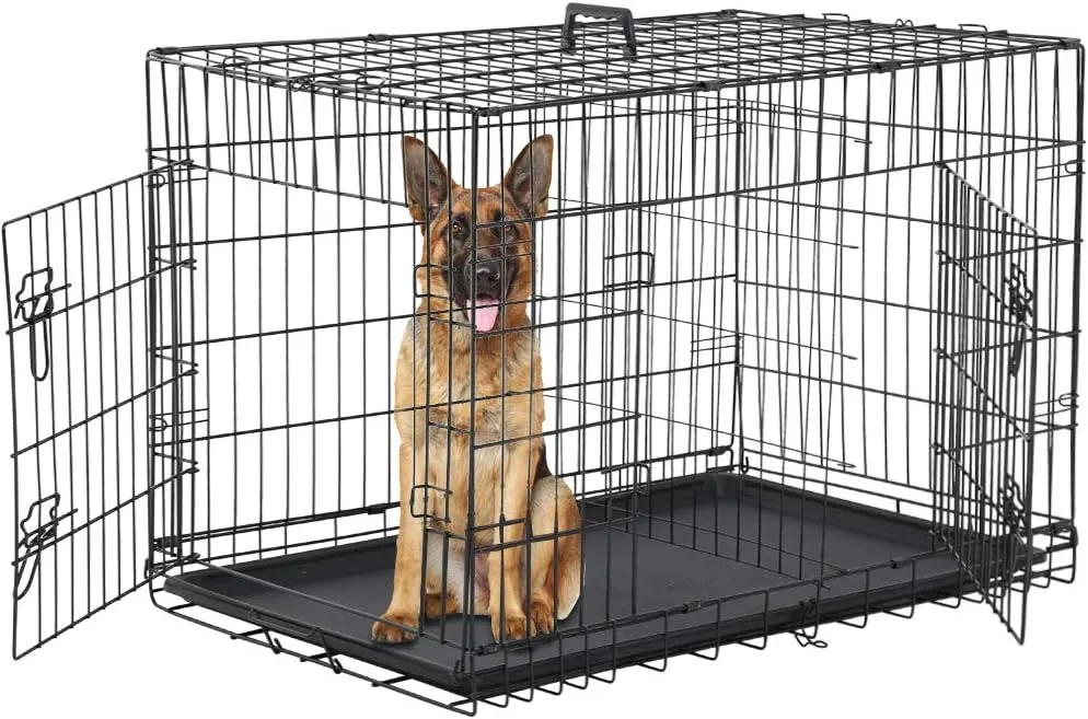 Dog Crate for Large Medium Dogs Folding Dog Kennel Cage with Plastic Tray & Divider 48" Indoor Outdoor Metal Double Door Pet Playpen Heavy Duty Dog Pen Enclosure Black
