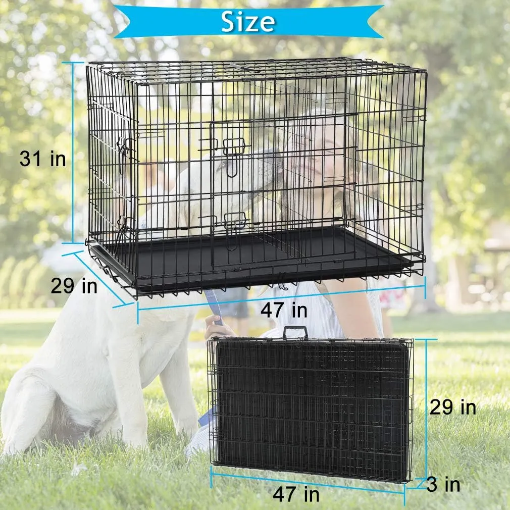 Dog Crate for Large Medium Dogs Folding Dog Kennel Cage with Plastic Tray & Divider 48" Indoor Outdoor Metal Double Door Pet Playpen Heavy Duty Dog Pen Enclosure Black