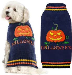 Dog Halloween Sweater Pumpkin Halloween Dog Cat Costumes with Leash Hole Puppy Turtleneck Knitwear for Small Midum Large Dogs Winter Warm Pet Clothes Funny Holiday Party Outfit (Blue,S)