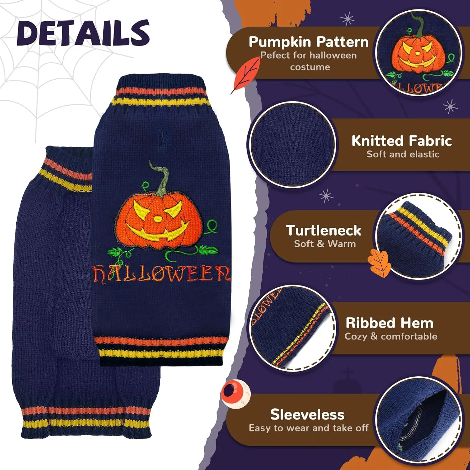 Dog Halloween Sweater Pumpkin Halloween Dog Cat Costumes with Leash Hole Puppy Turtleneck Knitwear for Small Midum Large Dogs Winter Warm Pet Clothes Funny Holiday Party Outfit (Blue,S)