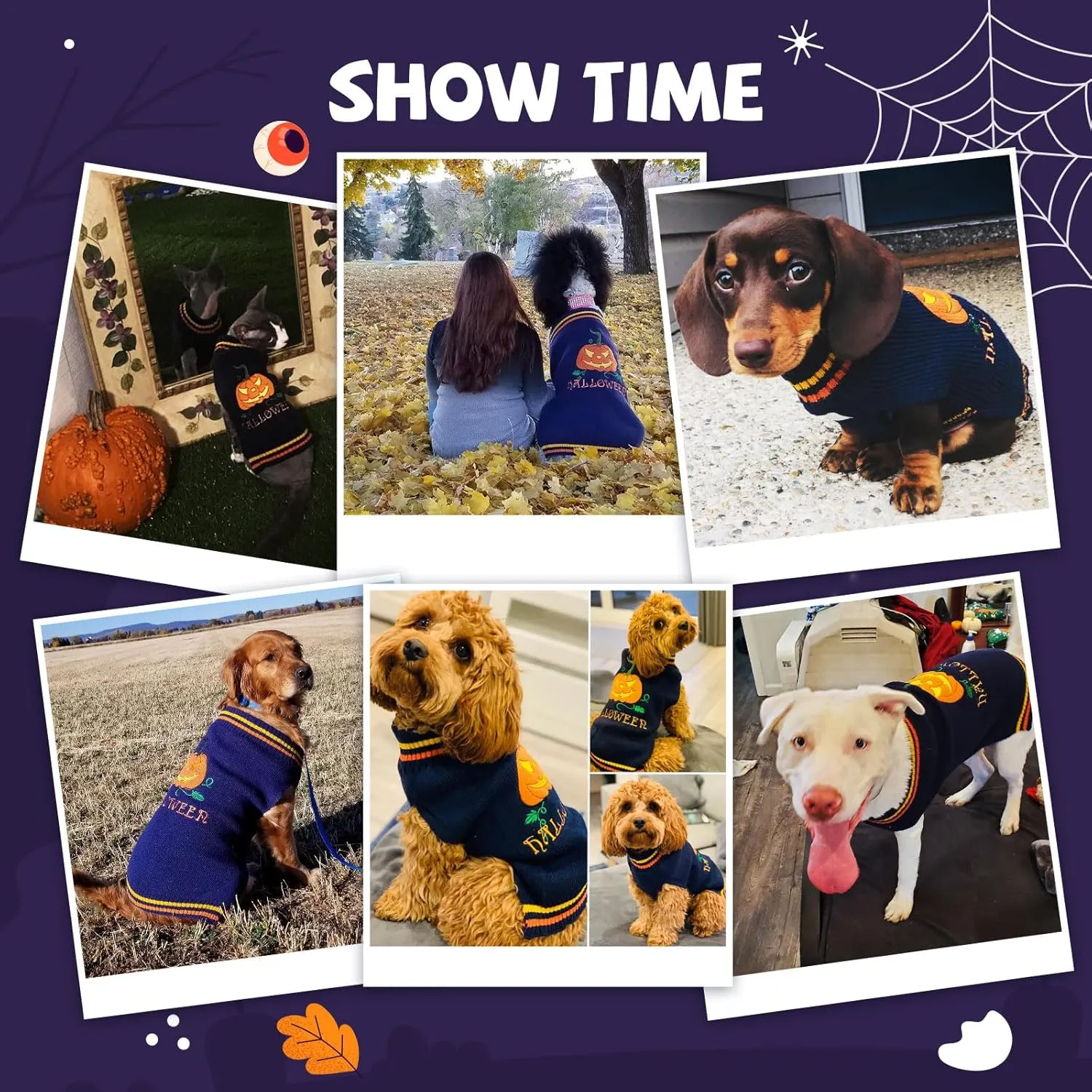 Dog Halloween Sweater Pumpkin Halloween Dog Cat Costumes with Leash Hole Puppy Turtleneck Knitwear for Small Midum Large Dogs Winter Warm Pet Clothes Funny Holiday Party Outfit (Blue,S)