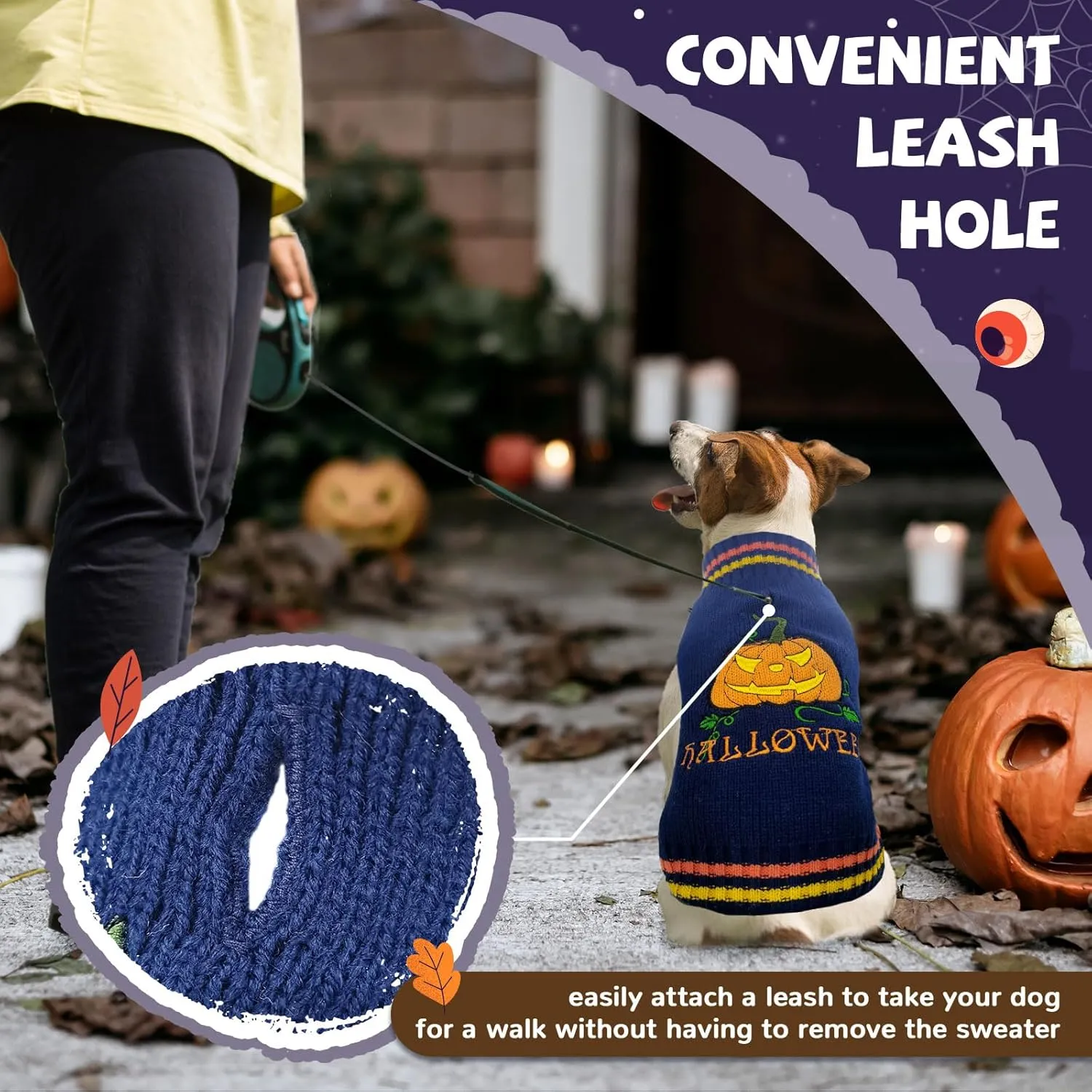 Dog Halloween Sweater Pumpkin Halloween Dog Cat Costumes with Leash Hole Puppy Turtleneck Knitwear for Small Midum Large Dogs Winter Warm Pet Clothes Funny Holiday Party Outfit (Blue,S)