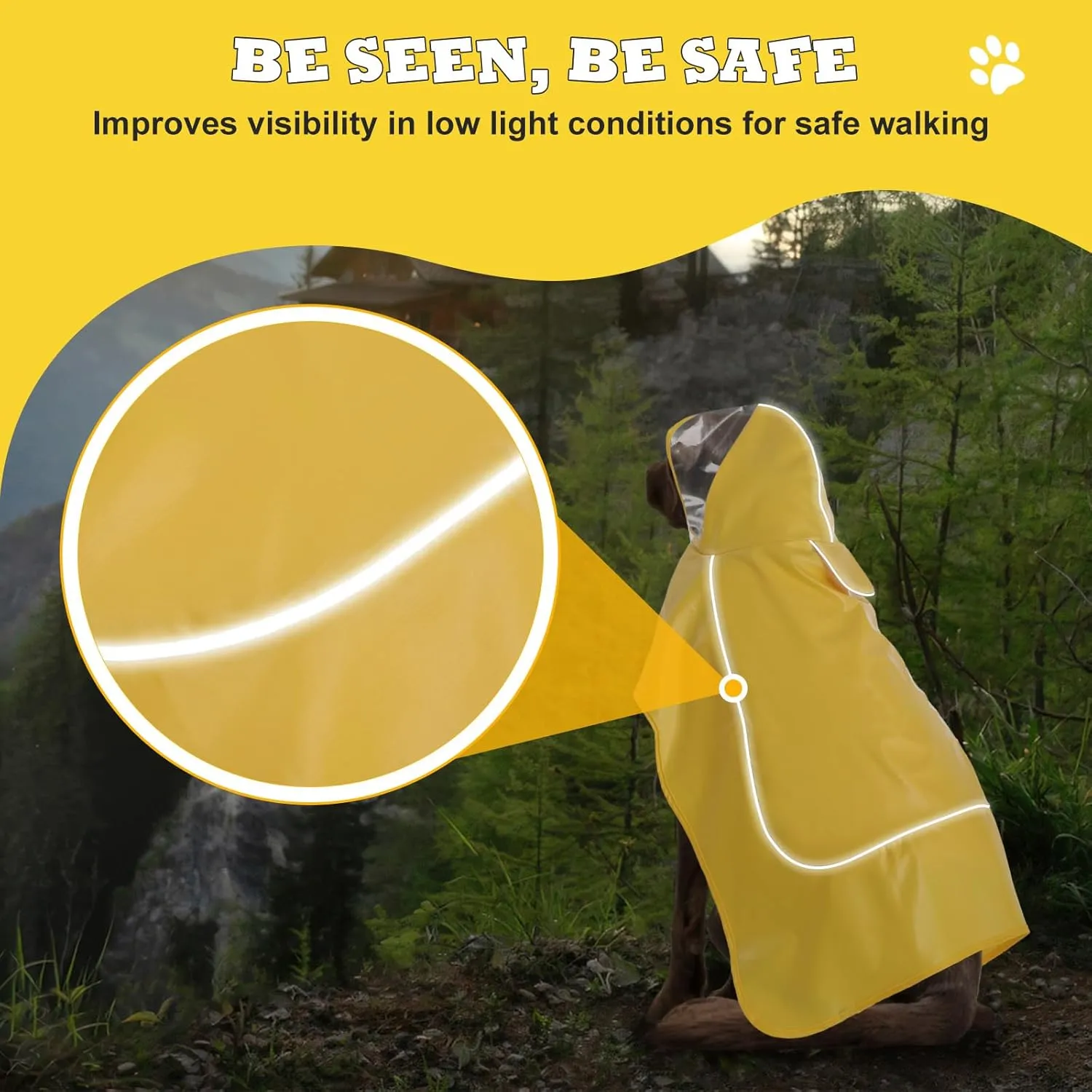 Dog Raincoat for Large Medium Small Dogs, Adjustable Dog Rain Jacket with Clear Hood, Dog Poncho with Magic Tape and Reflective Strips, Yellow, M