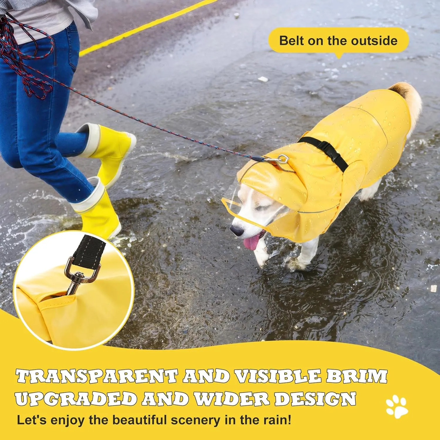 Dog Raincoat for Large Medium Small Dogs, Adjustable Dog Rain Jacket with Clear Hood, Dog Poncho with Magic Tape and Reflective Strips, Yellow, M