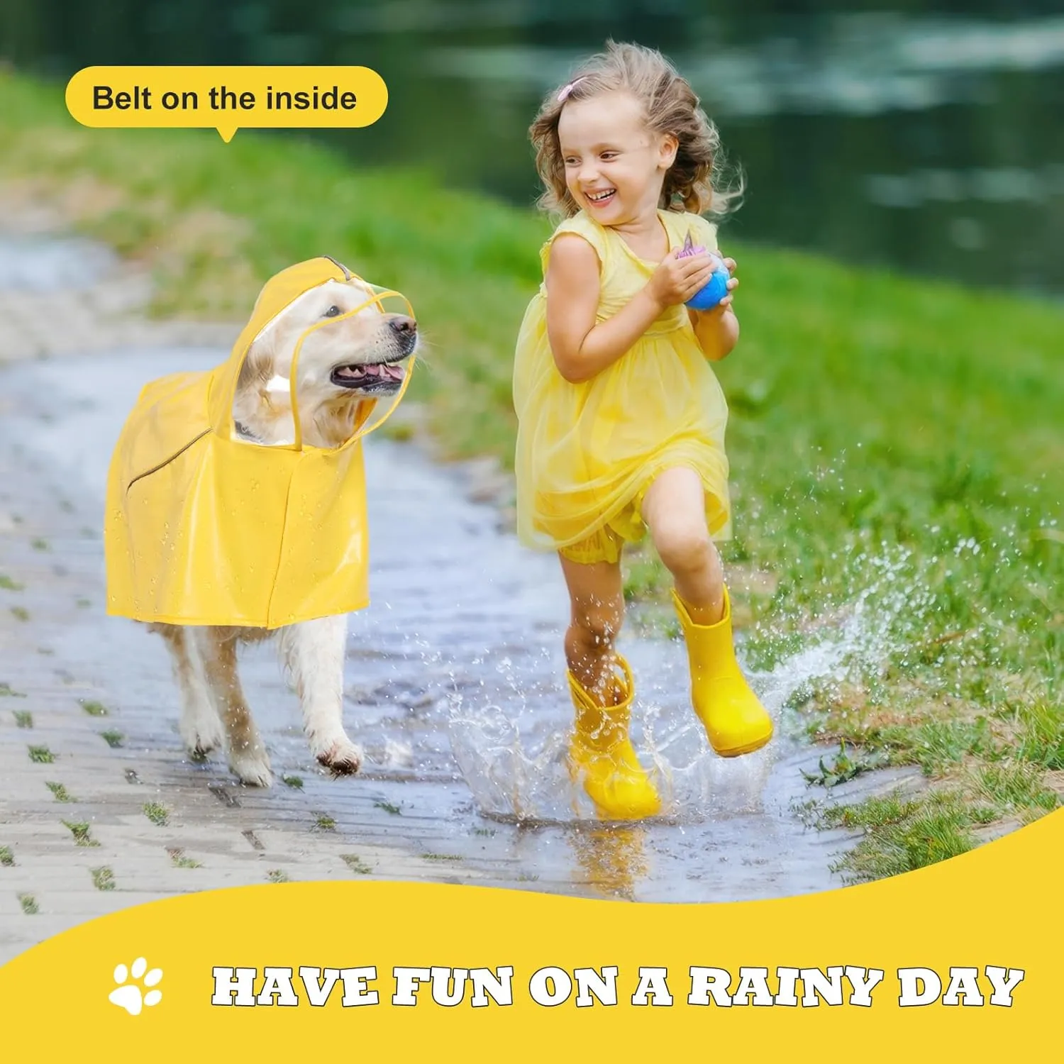 Dog Raincoat for Large Medium Small Dogs, Adjustable Dog Rain Jacket with Clear Hood, Dog Poncho with Magic Tape and Reflective Strips, Yellow, M