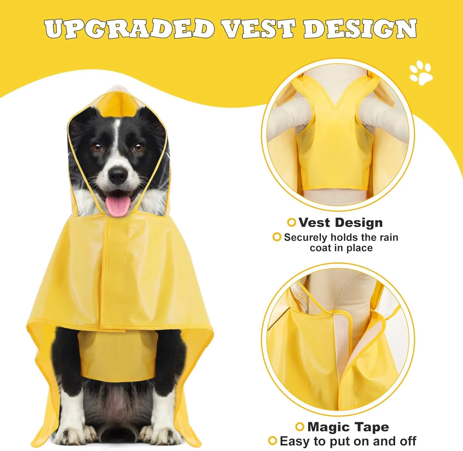 Dog Raincoat for Large Medium Small Dogs, Adjustable Dog Rain Jacket with Clear Hood, Dog Poncho with Magic Tape and Reflective Strips, Yellow, M