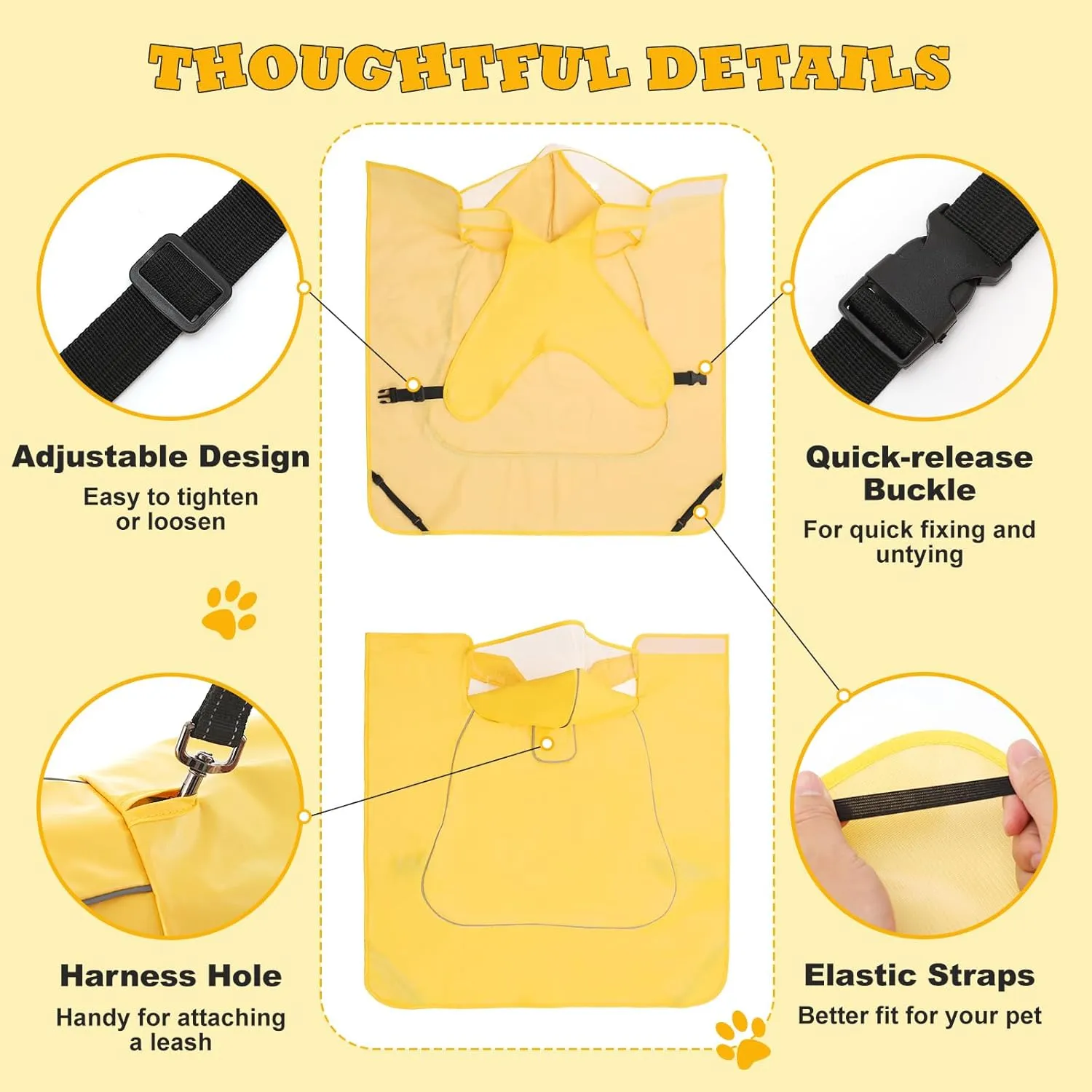 Dog Raincoat for Large Medium Small Dogs, Adjustable Dog Rain Jacket with Clear Hood, Dog Poncho with Magic Tape and Reflective Strips, Yellow, M