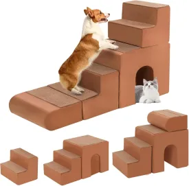 Dog Steps for High Bed, High Density Foam Pet Steps with Durable Non-Slip Waterproof Fabric Cover for Small Dogs and Cats, Pet Stairs for Couch, Chair or High Bed, 5-Tiers (Brown)