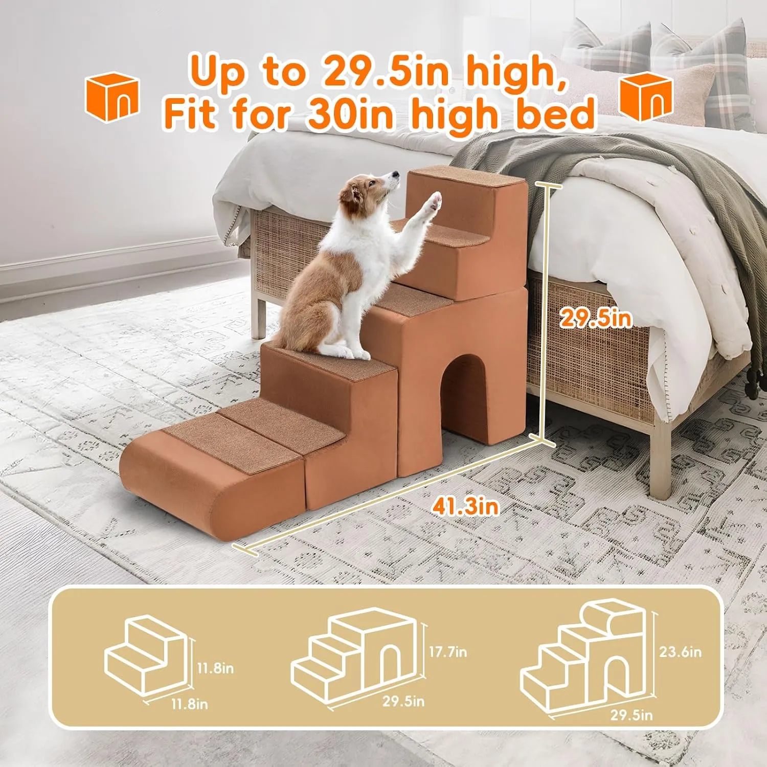 Dog Steps for High Bed, High Density Foam Pet Steps with Durable Non-Slip Waterproof Fabric Cover for Small Dogs and Cats, Pet Stairs for Couch, Chair or High Bed, 5-Tiers (Brown)