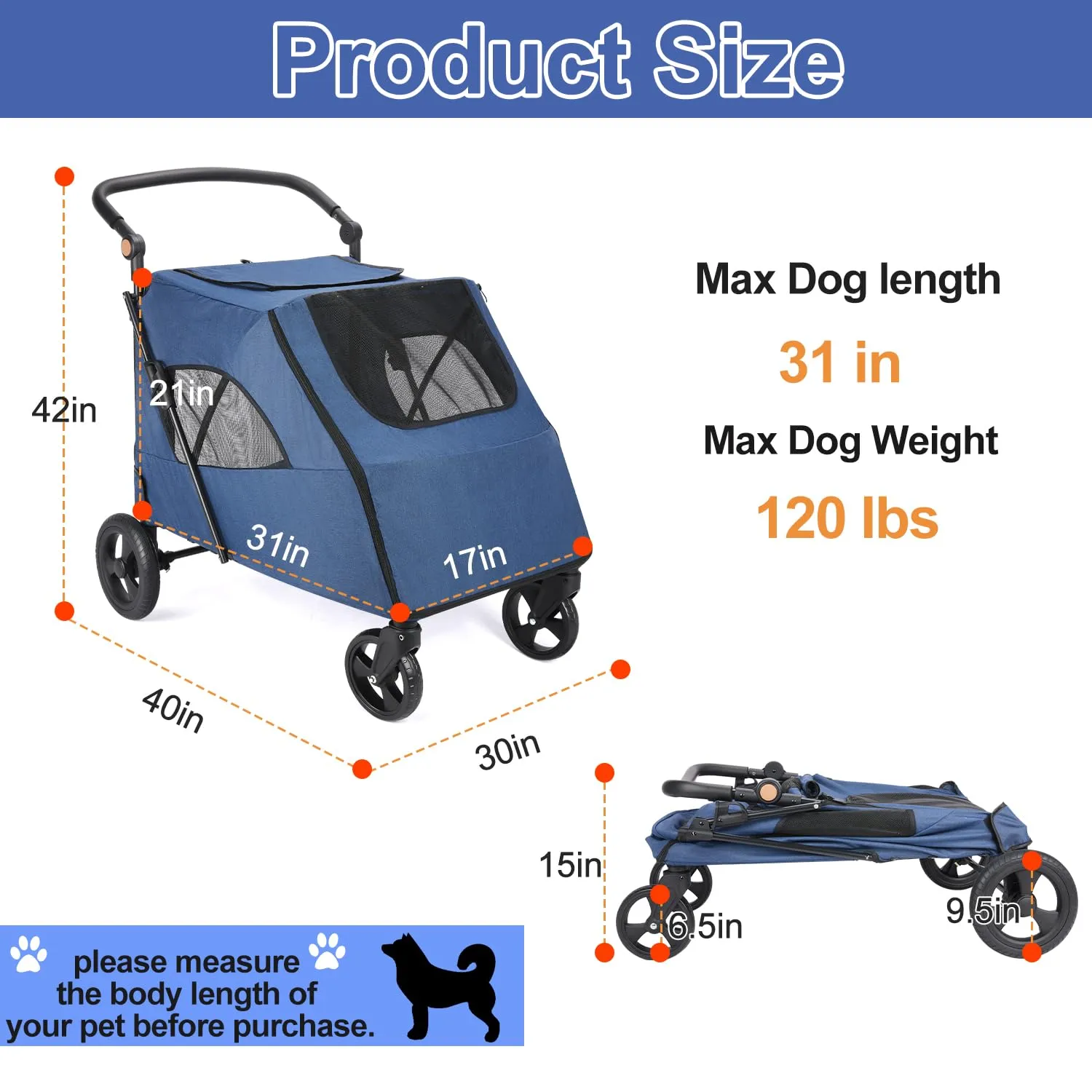 Dog Stroller Pet, Foldable Cart with 4 Wheels, Mesh Skylight Pet Stroller for Small to Large Dogs and Other Pet Travel, Storage Space Pet Can Easily Walk Outoor (Navy)