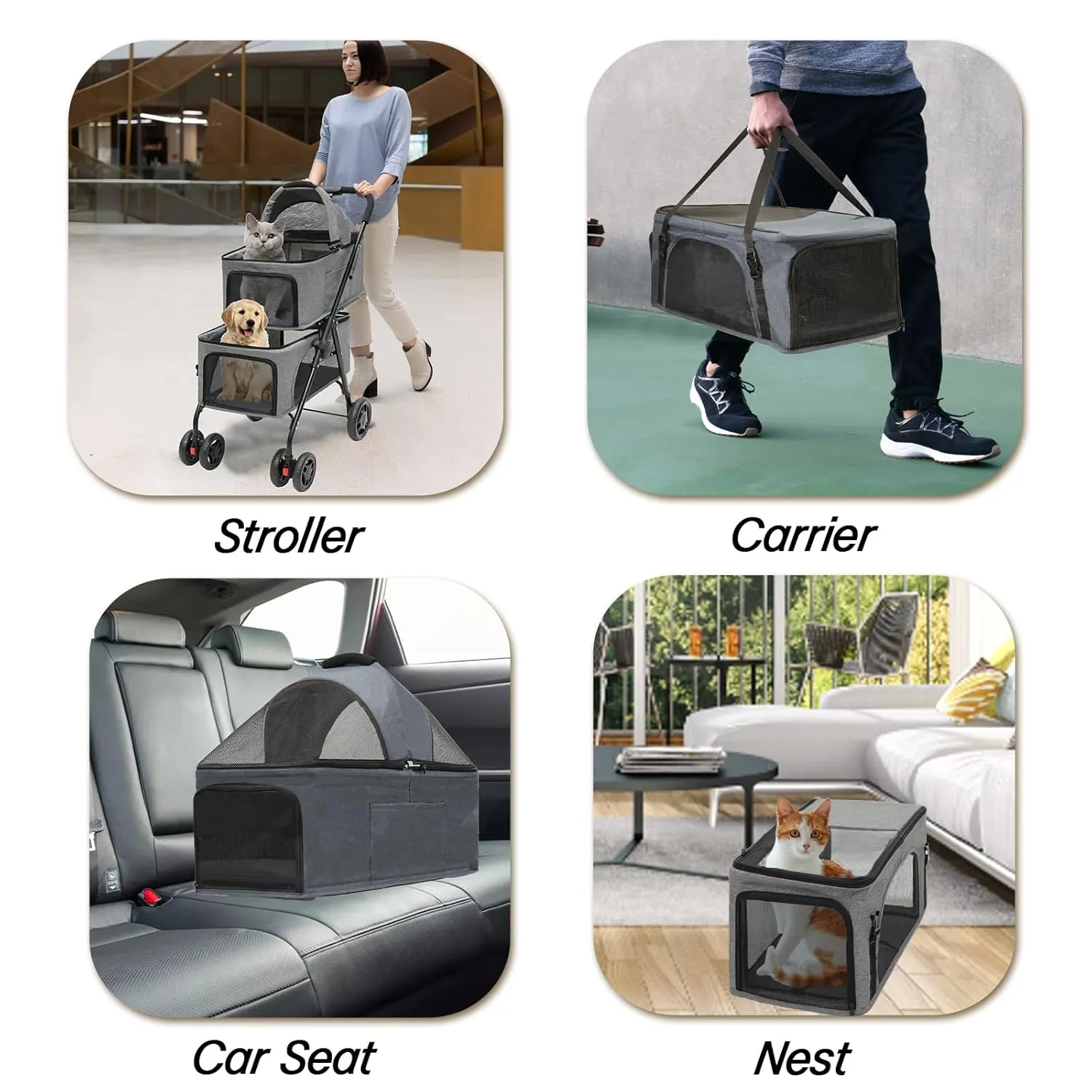 Double pet Stroller with Two Detachable pet Carriers 4 Lockable Wheels Folding Dog Stroller for Small Medium Dogs CatsGrey