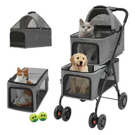 Double pet Stroller with Two Detachable pet Carriers 4 Lockable Wheels Folding Dog Stroller for Small Medium Dogs CatsGrey