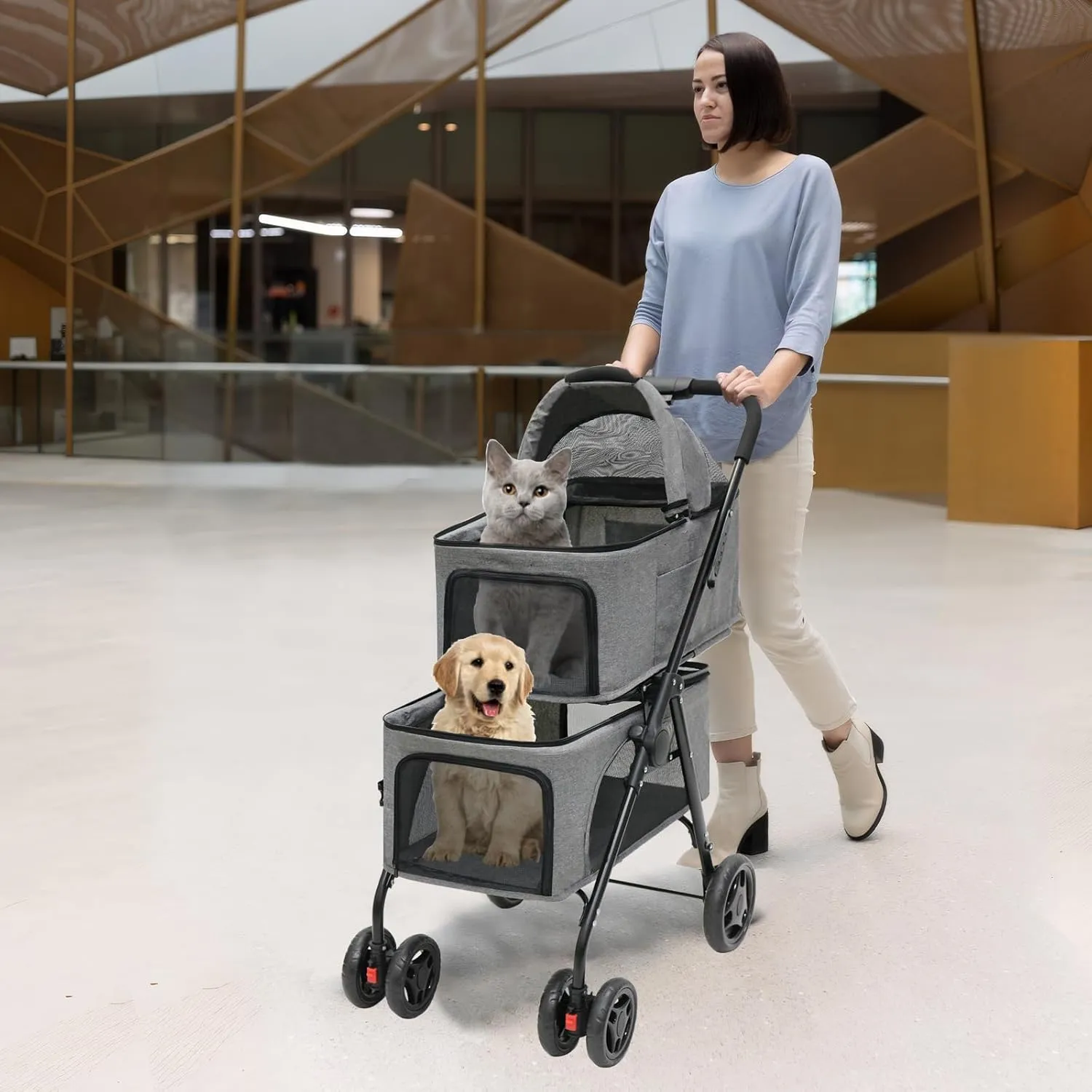 Double pet Stroller with Two Detachable pet Carriers 4 Lockable Wheels Folding Dog Stroller for Small Medium Dogs CatsGrey