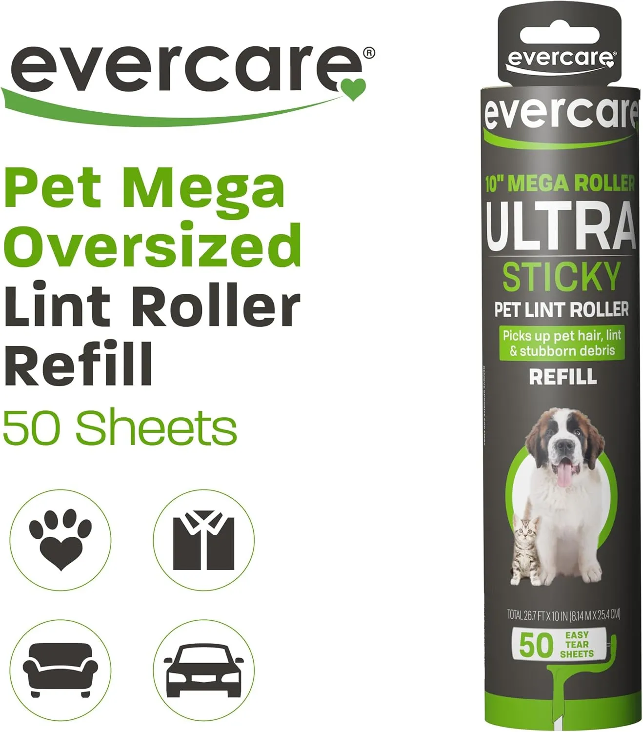 Evercare 10 Mega All-Purpose Pet Hair Lint Roller Refill, 50 Sheets  Sticky Roller for Pet Hair, Cat & Dog Hair Remover, Lint Remover, Pet Hair Remover for Furniture, Clothing & Cars