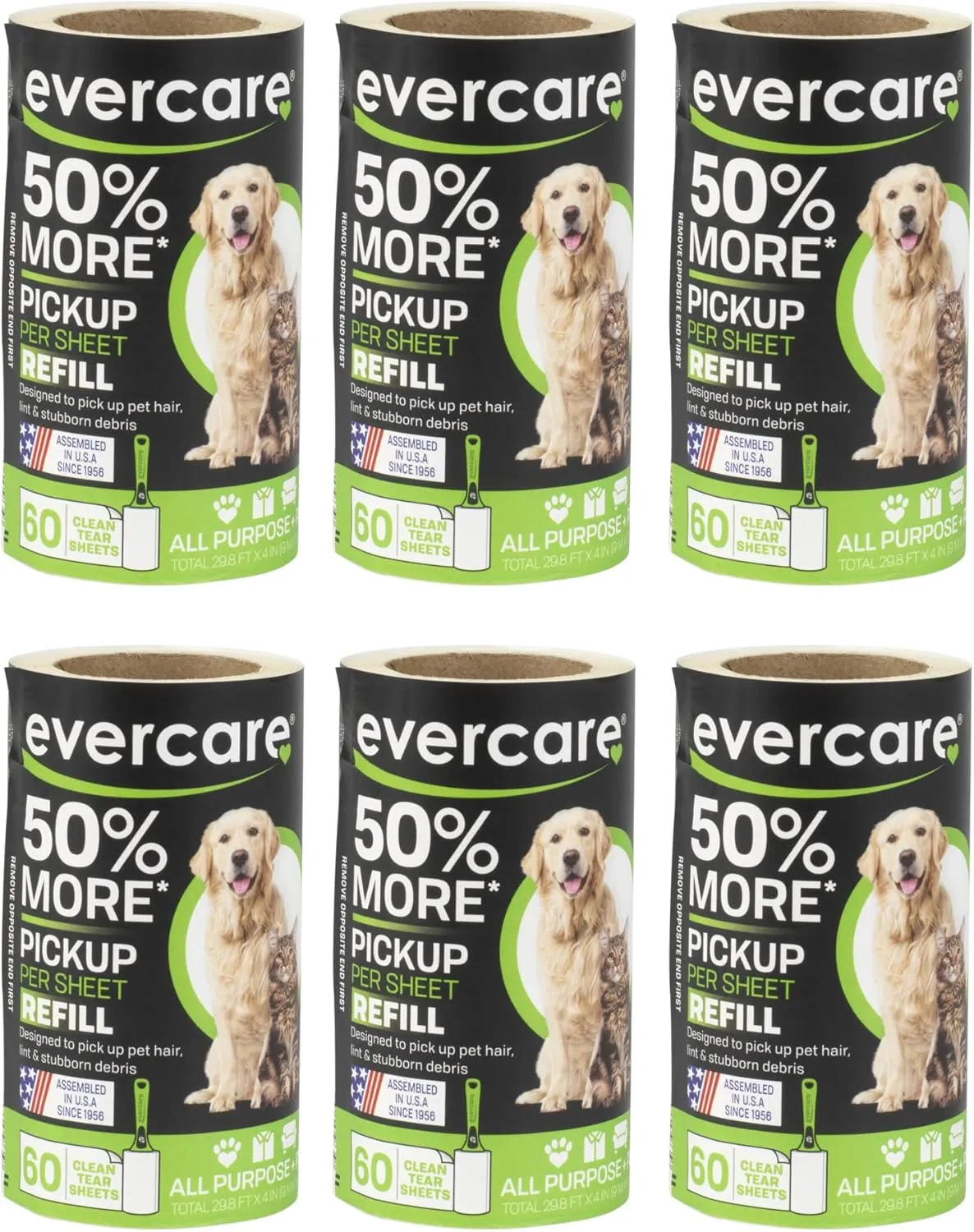 Evercare Pet Lint Roller Refill 60 Sheet Lint Refill Pack of 6