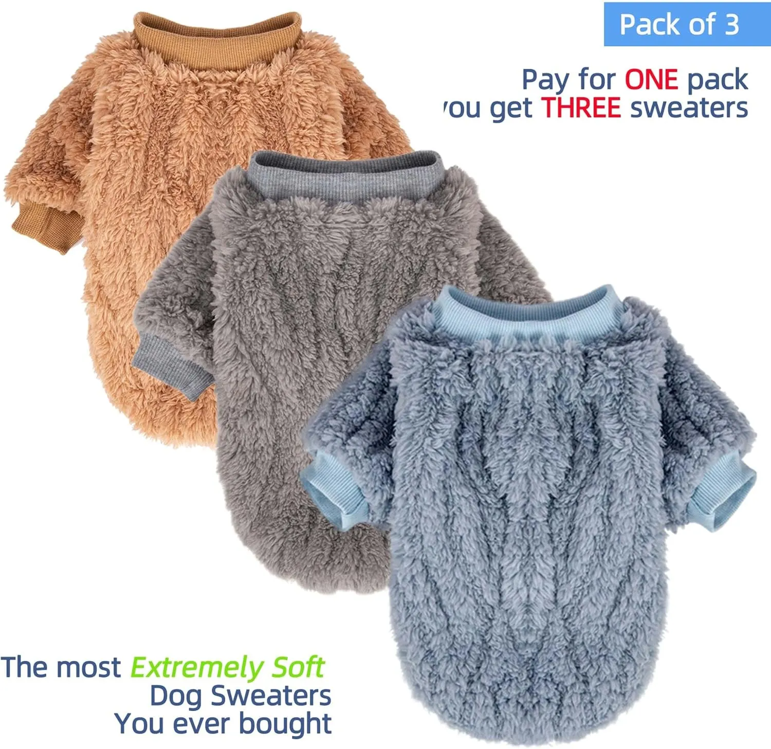 FabriCastle Dog Sweater, 3-Pack Dog Clothes, Ultra Soft and Warm Pet Jackets XXS XS for Small Dogs Boy & Cats, Winter Pet Apparel Costumes, Puppy Outfits (Blue,Grey,Doe, Small)