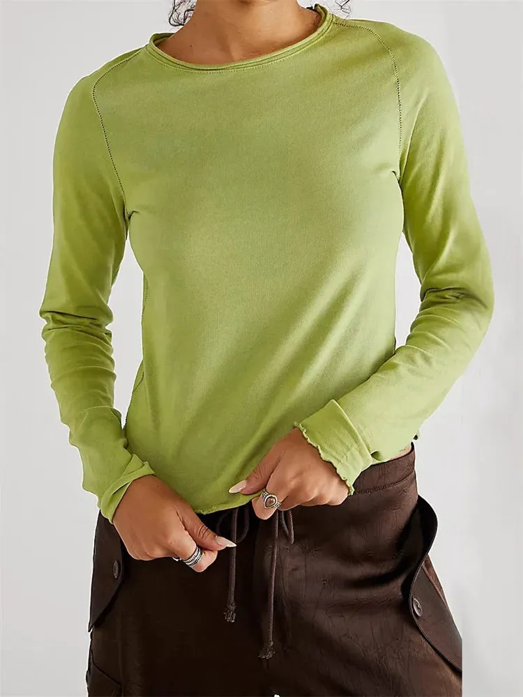 FashionSierra - 2024 Solid Basic Long Sleeve Round Neck Solid Spring Autumn Slim Fit Streetwear Casual Top Tee