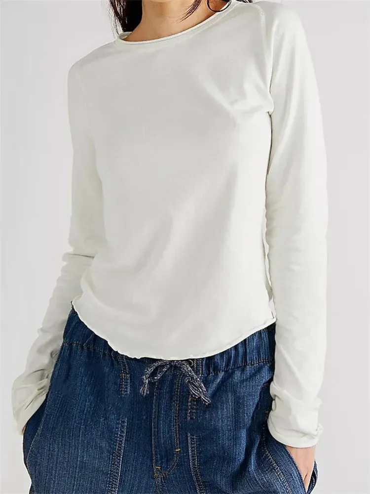 FashionSierra - 2024 Solid Basic Long Sleeve Round Neck Solid Spring Autumn Slim Fit Streetwear Casual Top Tee