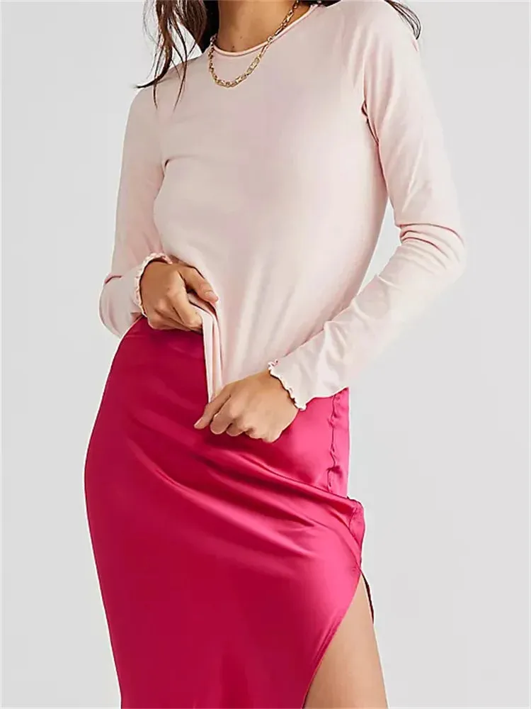FashionSierra - 2024 Solid Basic Long Sleeve Round Neck Solid Spring Autumn Slim Fit Streetwear Casual Top Tee