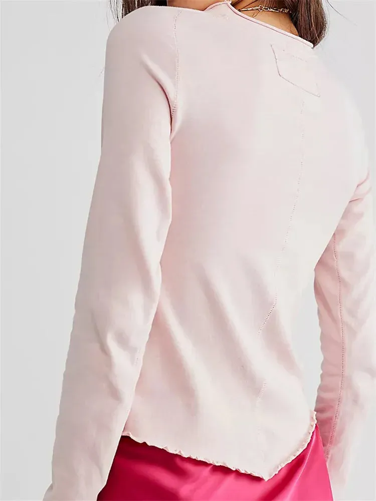 FashionSierra - 2024 Solid Basic Long Sleeve Round Neck Solid Spring Autumn Slim Fit Streetwear Casual Top Tee