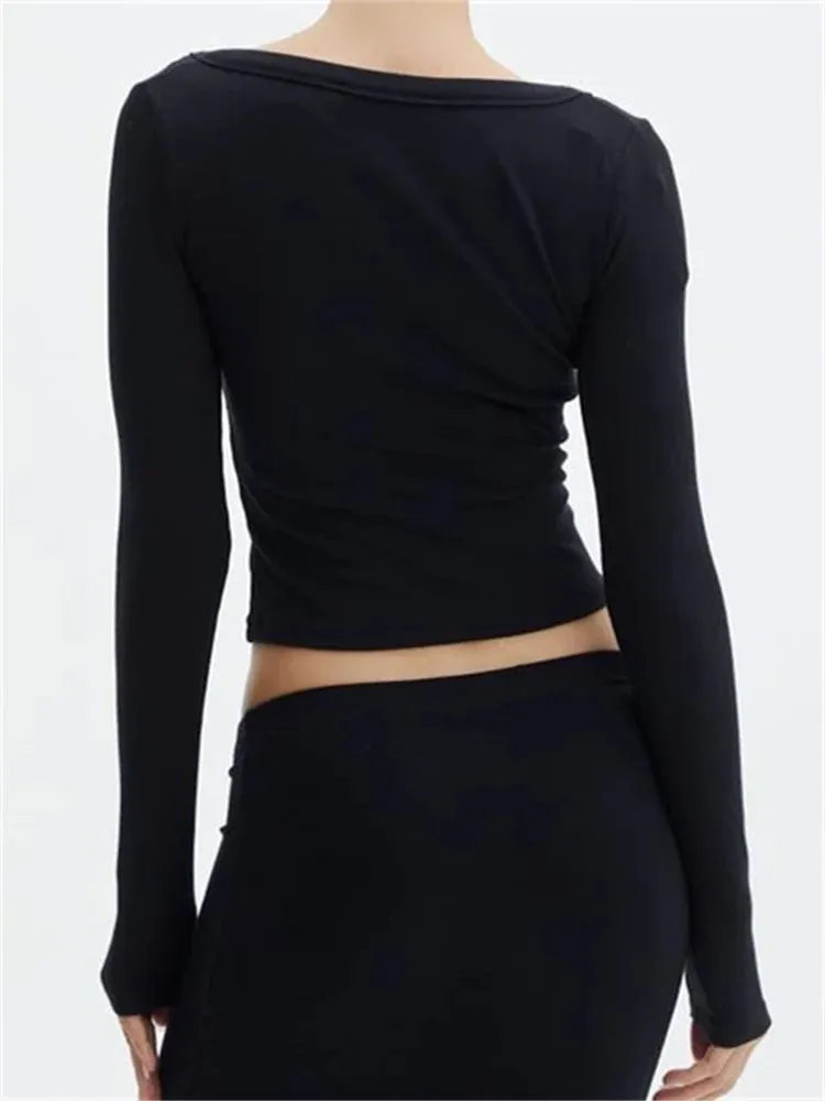 FashionSierra - 2024 Spring Autumn Casual Cropped Solid Color Front Buttons Up Long Sleeve O-Neck Slim Fit Basic Tops Tee