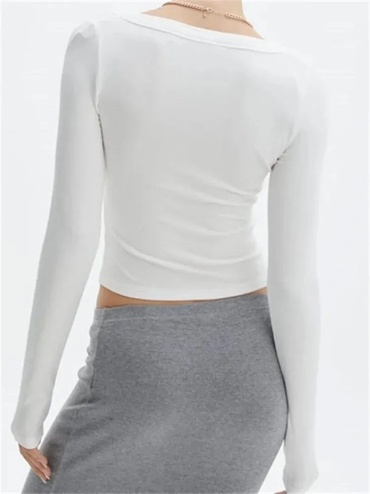 FashionSierra - 2024 Spring Autumn Casual Cropped Solid Color Front Buttons Up Long Sleeve O-Neck Slim Fit Basic Tops Tee