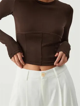 FashionSierra - Long Sleeve Basic Solid Color Round Neck Slim Fit Cropped for Spring Autumn Streetwear Tee