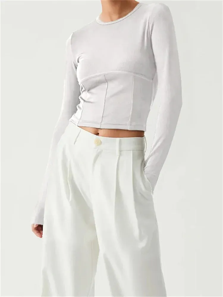 FashionSierra - Long Sleeve Basic Solid Color Round Neck Slim Fit Cropped for Spring Autumn Streetwear Tee