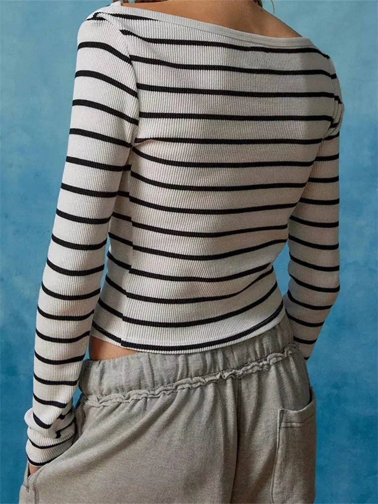 FashionSierra - Sexy Long Sleeve Crew Neck Solid/Striped Slim Fit Spring Autumn Basic Streetwear Tee