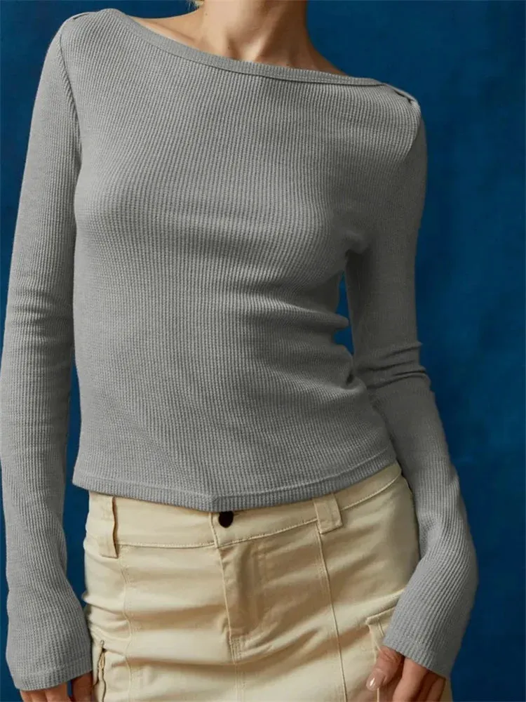 FashionSierra - Sexy Long Sleeve Crew Neck Solid/Striped Slim Fit Spring Autumn Basic Streetwear Tee
